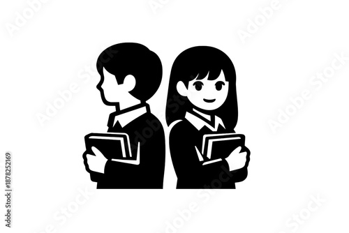 Male and female students standing back to back holding books ready for academic study