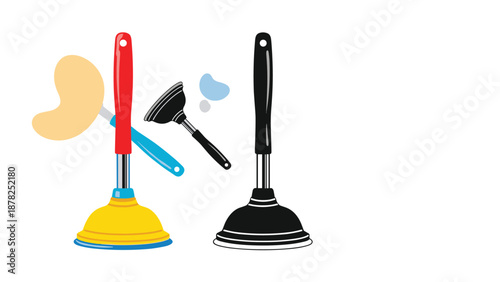 Group of plungers with different handle and bell designs for various plumbing tasks and cleaning emergencies around the home.