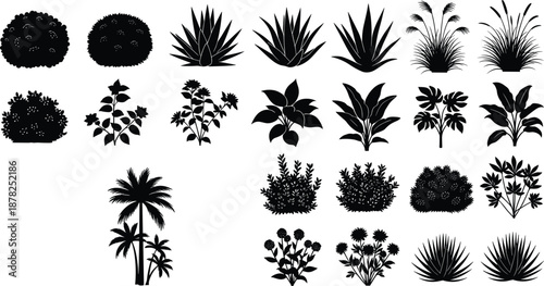 Garden plant silhouettes collection, bushes flowers tropical leaves grasses shrubs, black botanical vector set isolated on white