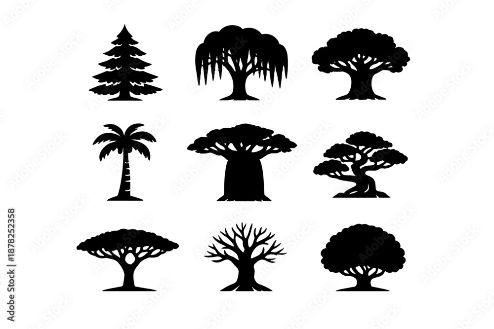 Fototapeta premium Diverse set of tree silhouettes including tropical, coniferous, and deciduous species