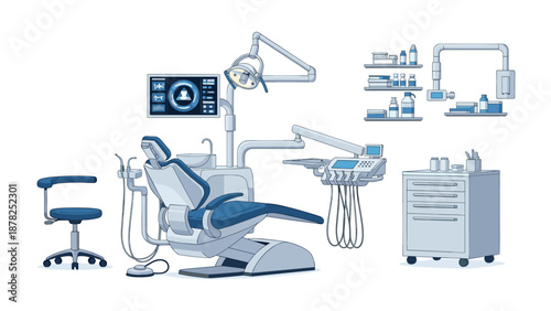 Complete dental office setup featuring a professional treatment chair, lighting, instrument trays, monitors, and storage cabinets for hygiene.
