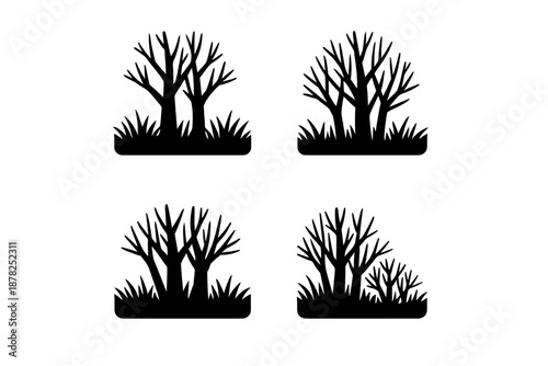 Collection of four black silhouettes depicting bare trees and bushes in grass