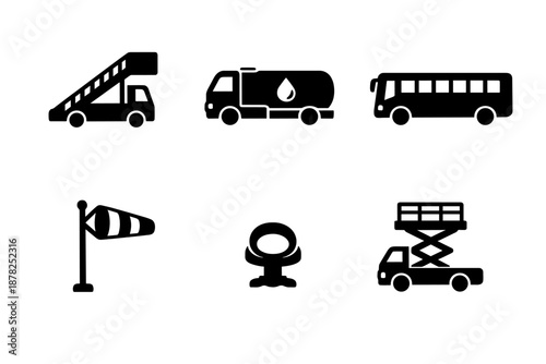Black silhouette symbols of airport ground support vehicles including mobile stairs fuel truck and passenger bus