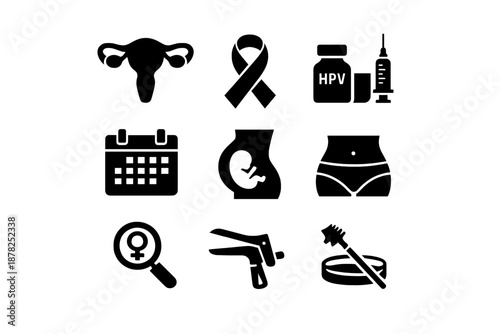 Women's reproductive health and gynecology icons covering pregnancy, disease prevention, and examinations