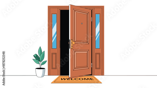 Welcoming entrance to a home featuring an open brown wooden door with glass panels, a green plant, and a welcome mat.