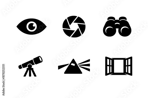 Black and white glyphs representing optical devices, vision, and observation concepts