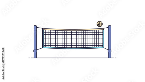 Minimalist illustration of a volleyball net and a ball flying above it used for sports and recreational game themed graphics.