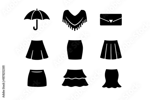 Essential fashion items featuring various skirt shapes, outerwear, and handbag accessories