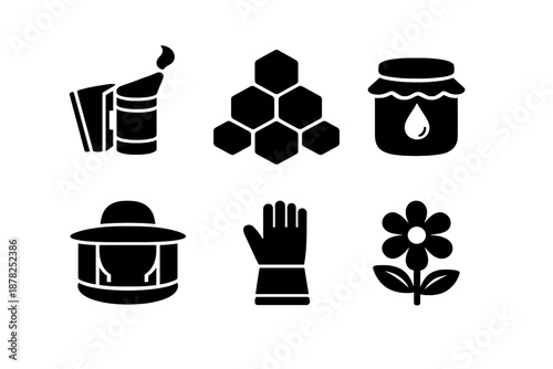 Essential tools and elements for beekeeping including smoker, honeycomb, honey jar, and protective gear