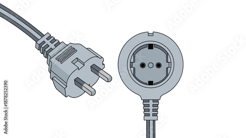 European style electrical power plug and a round wall socket with three holes representing electrical connection and power supply.