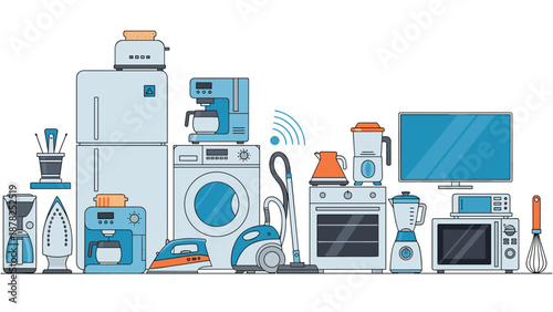 Comprehensive collection of various household kitchen and laundry appliances arranged together for a home store display.