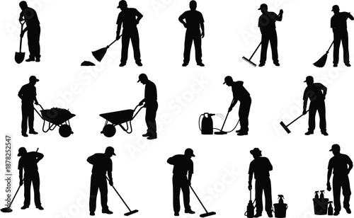 Gardener and cleaner silhouettes set, men working with tools raking watering pushing wheelbarrow, outdoor maintenance vector illustration isolated