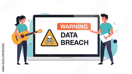 Cybersecurity warning on a laptop screen with male and female characters monitoring for a potential digital data breach.