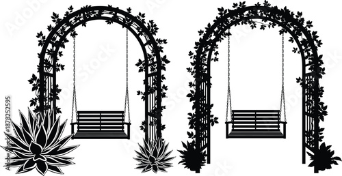 Garden swing silhouettes under floral arch, romantic outdoor bench with climbing plants, decorative pergola vector illustration isolated on white