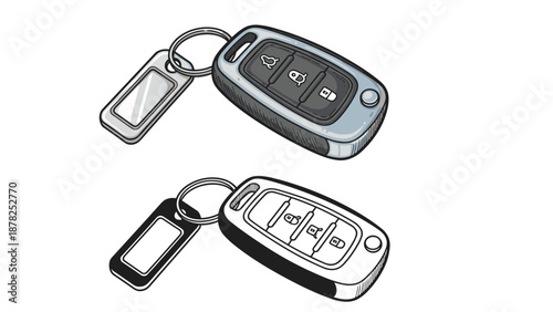 Set of two modern car key fobs with remote control buttons for vehicle security and automotive access convenience.