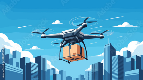 Modern delivery drone carrying a brown cardboard box package over a detailed blue city skyline with skyscrapers and clouds.