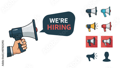 Hand holding a megaphone with we are hiring announcement and several variations of loudspeaker icons for recruitment and jobs.