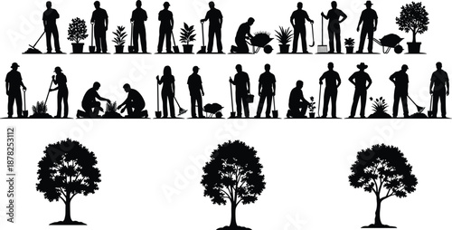 Gardening people silhouettes collection, men and women planting trees, yard work activities, landscape maintenance concept, black figures, isolated white background