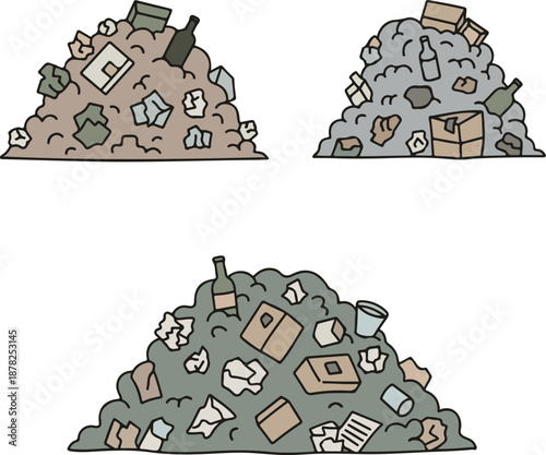 A flat vector illustration showing three separate piles of assorted garbage, including bottles, boxes, and paper. It depicts household waste, landfill accumulation, and environmental pollution.