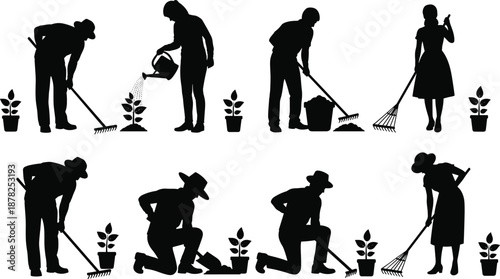Gardening people silhouettes set, men and women raking watering planting with tools, outdoor garden care vector illustration isolated
