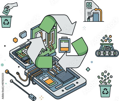 Isometric vector illustration detailing electronic waste recycling processes, featuring a disassembled smartphone with recycling arrows, battery sorting, and proper disposal icons.