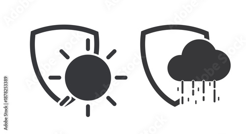 Isolated bundle pictogram of shield protection with cloudy rain drops and sun icons, symbol for safety against rainy and dry seasons.