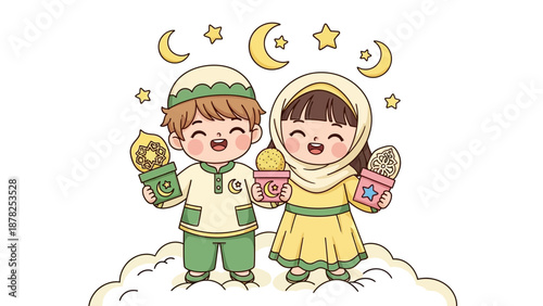 Cute children celebrating Ramadan with traditional sweets under a moonlit sky