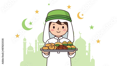 Child in green cap serving traditional cookies and treats in festive setting