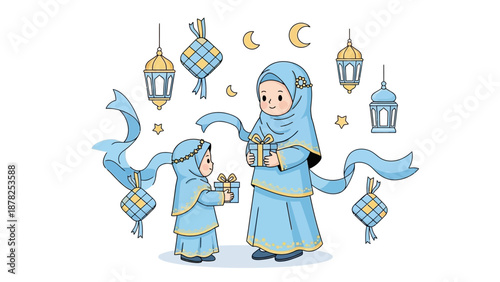 Whimsical depiction of a mother and child exchanging gifts amidst lanterns