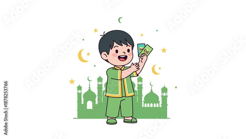 Joyful boy celebrating with money in front of a mosque during night moonlit