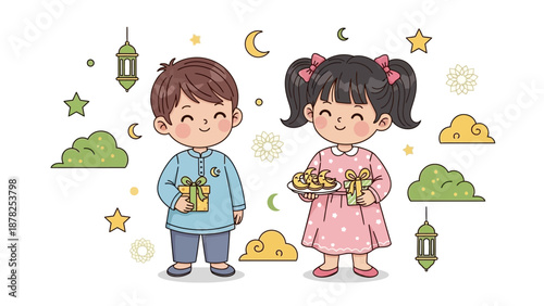 Adorable children exchanging gifts in a festive night scene with stars clouds