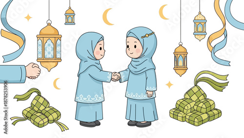 Islamic Eid celebration with children exchanging gifts under lanterns and moon
