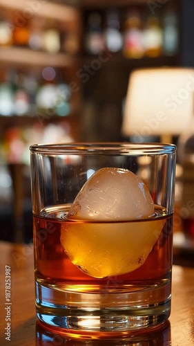 A single large ice sphere chills a glass of amber whiskey on a wooden bar top