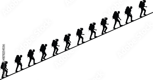 Hiker silhouette climbing uphill path, teamwork progress success concept, mountain trekking adventure journey illustration, isolated white background design