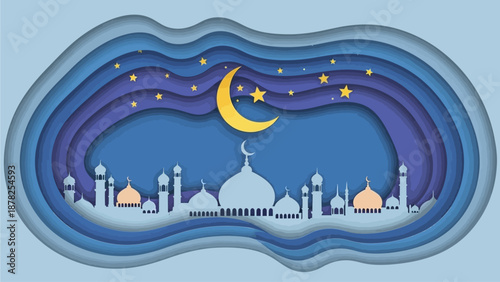 Ramadan background presents layered mosque skyline under crescent moon in paper cut style