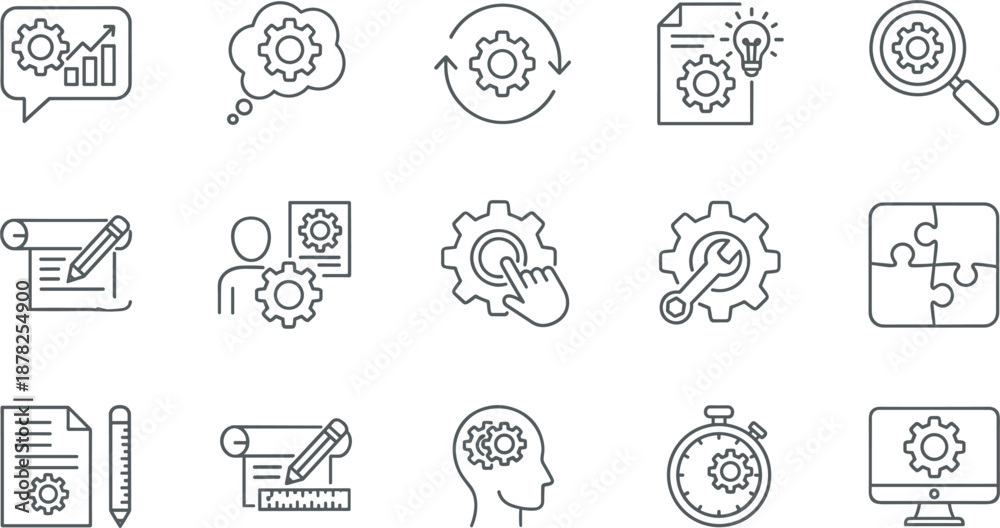Fototapeta premium Business process and technical settings line icons set featuring gears brainstorming management planning strategy optimization and development symbols.