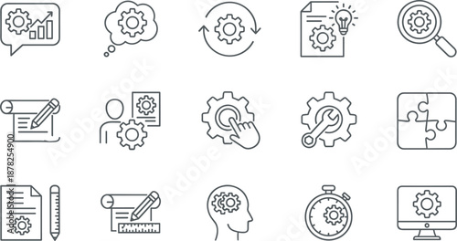 Business process and technical settings line icons set featuring gears brainstorming management planning strategy optimization and development symbols.