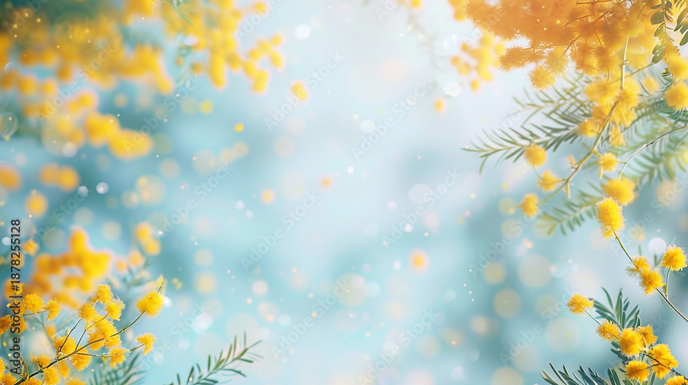 Fototapeta premium 優しいミモザと青空の背景イラスト AI生成画像 