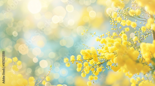優しいミモザと青空の背景イラスト　AI生成画像　