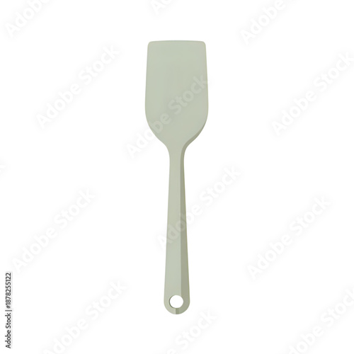 A light green kitchen spatula with a hole at the end of the handle is shown from a front view.