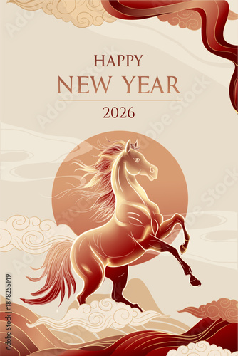 Chinese New Year 2026 Year of the Horse Red and Gold Background with Running Fire Horse Illustration