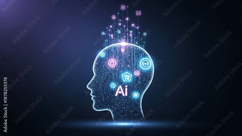 Obraz premium Digital human head with AI symbols floating around in a dark blue environment