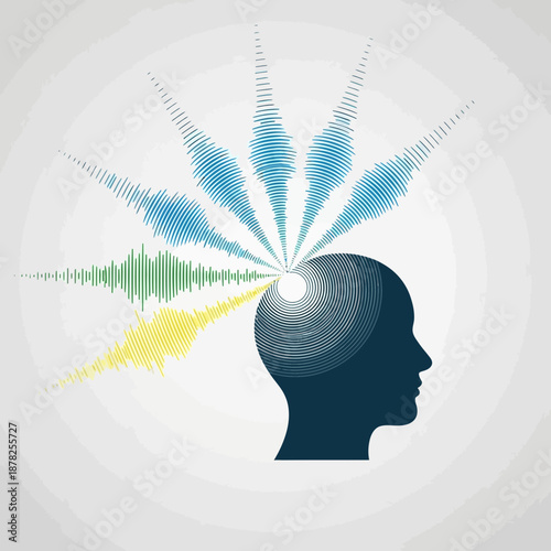 Human brain processing information, thoughts, and ideas with sound waves