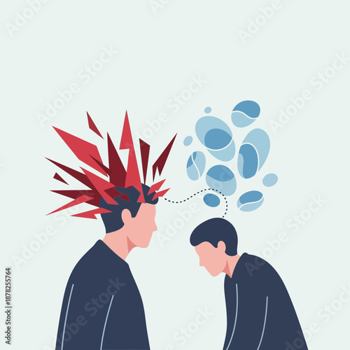 Mental health concept: breakdown vs calm communication, emotional overload, empathy