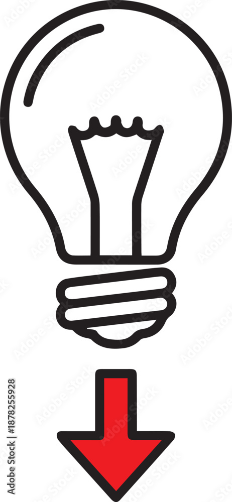Fototapeta premium A minimalist line art illustration featuring a lightbulb above a solid red arrow pointing downwards, symbolizing the execution, application, or implementation of an idea.