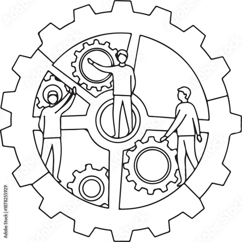 A minimalist line illustration showing three people standing within the spokes of a massive gear, actively interacting with smaller internal cogs to represent mechanical synergy and teamwork.