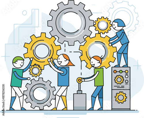 A vibrant line art illustration of four people working together to assemble a complex system of large, interlocking mechanical gears, representing teamwork and collaboration.