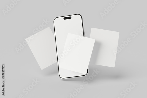 Modern Smartphone Mockup with Floating Blank Cards for Digital Design