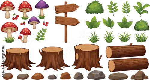 Big vector collection of cartoon forest nature elements with wooden stumps logs signs mushrooms grass and stones isolated on white background for landscape.