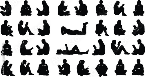 Extensive Set of Black Silhouette People Reading Books in Different Sitting and Lying Positions for Library Education and Literacy Design